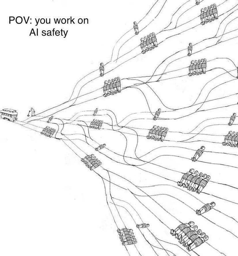 This meme is a humorous representation of the challenges of working with artificial intelligence (AI) and the potential risks of its use. The image depicts a scene of chaos and disarray, with multiple people being pulled in different directions by an unseen force, representing the complexity and unpredictability of AI. The text "POV: you work on AI safety" appears in the top left corner, implying that the person in the scene is likely a developer or researcher working on AI safety, and the chaos they are experiencing is a result of the complexities of their work.
